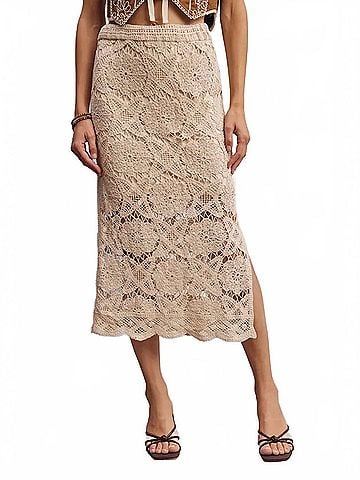 Listicle Women's Crochet Maxi Skirt in Beige (view 2)