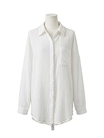 Davi & Dani Pearl Embellishment Button Front Shirt - Plus in White (view 1)