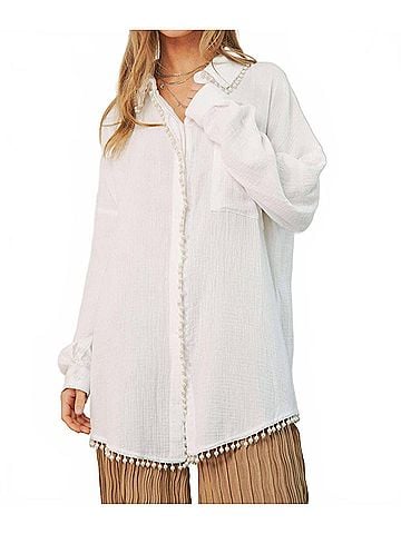 Davi & Dani Pearl Embellishment Button Front Shirt - Plus in White (view 2)