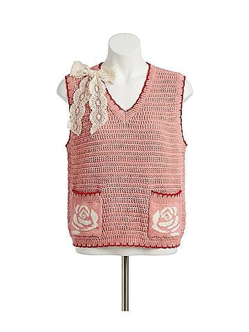 Listicle Dorsey Crochet Rose Pocket Knit Vest in Strawberry (view 1)
