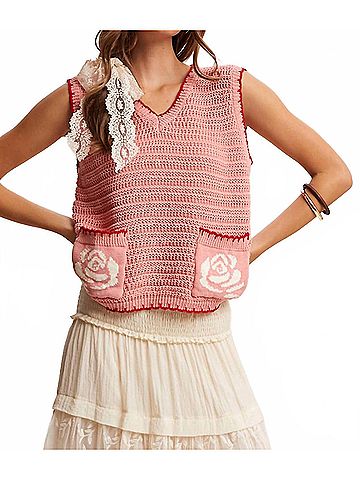 Listicle Dorsey Crochet Rose Pocket Knit Vest in Strawberry (view 2)