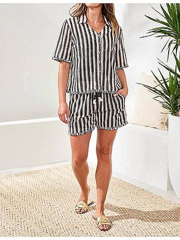 Tribal Button Front Stripe Blouse in Black/White (view 2)
