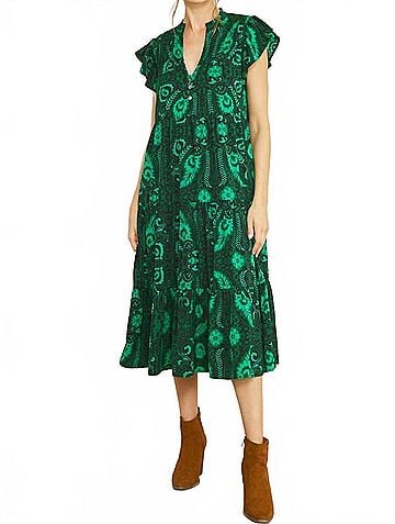 Entro Floral &amp; Leaf Ruffle Midi Dress in Green (view 2)