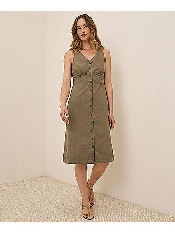 Pact Khaki Green Canopy Linen Blend Button-Front Dress (view 2)