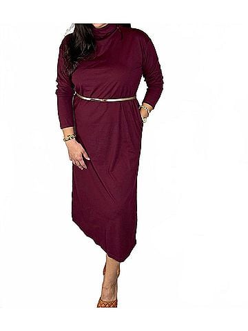 Entro Merlot Long Sleeve Midi Dress in Burgundy (view 2)