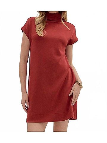 Entro Solid Jersey Mock Neck Pullover Dress in Brick (view 2)