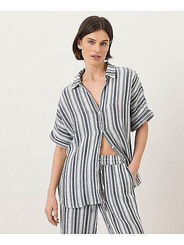 Pact Coastal Stripe Navy Blue Coastal Double Gauze Oversized Shirt (view 2)