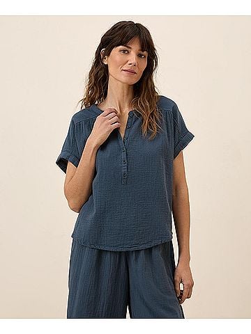 Pact French Navy Coastal Double Gauze Short Sleeve Popover (view 2)