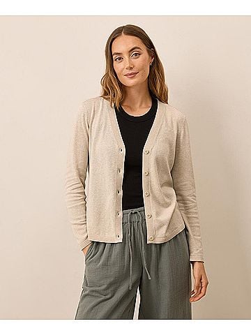 Pact Sandshell Heather Classic Fine Knit V-Neck Cardigan (view 2)
