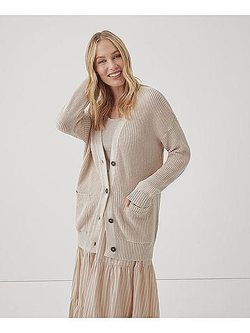 Pact Sandshell Heather Fisherman Knit Button-Front Cardigan (view 2)