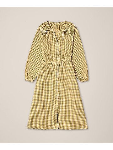 Pact Gold Gingham Coastal Double Gauze Poet Sleeve Dress (view 1)