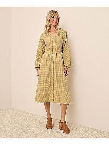 Pact Gold Gingham Coastal Double Gauze Poet Sleeve Dress (view 2)