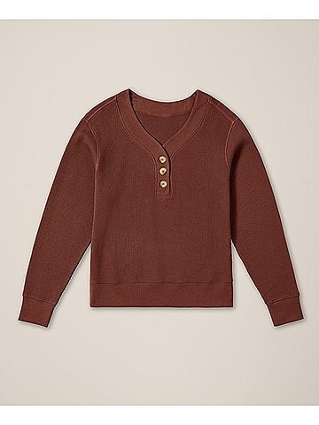 Pact Mahogany Brown Thermal Waffle Henley Pullover (view 1)