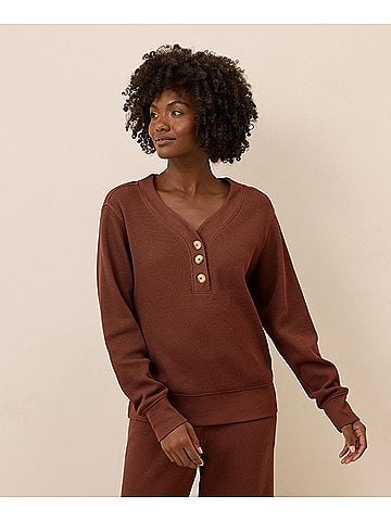 Pact Mahogany Brown Thermal Waffle Henley Pullover (view 2)
