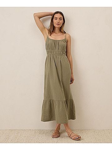 Pact Khaki Green Coastal Double Gauze Cami Maxi Dress (view 2)