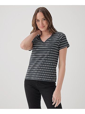 Pact Charcoal Classic Stripe Softspun V-Neck Tee (view 2)