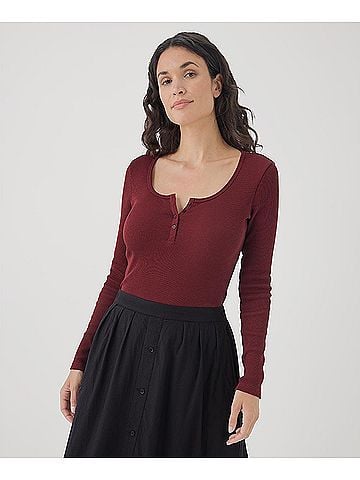 Pact Pomegranate Favorite Rib Henley Long Sleeve Top (view 2)