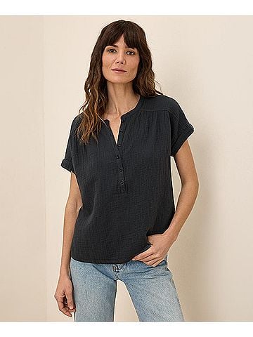 Pact Black Coastal Double Gauze Short Sleeve Popover (view 2)