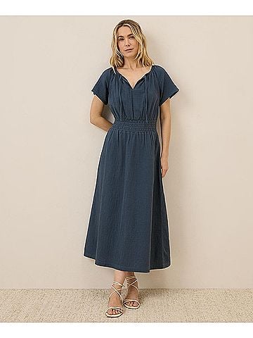 Pact French Navy Coastal Double Gauze Boho Midi Dress (view 2)