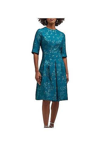 Teri Jon by Rickie Freeman Rickie Freeman for Teri Jon Teal Pleated Floral Jacquard Midi Dress Cocktail Dress (view 2)