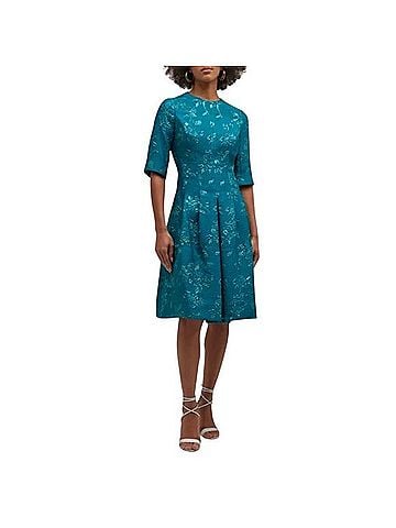 Teri Jon by Rickie Freeman Rickie Freeman for Teri Jon Teal Pleated Floral Jacquard Midi Dress Cocktail Dress (view 1)