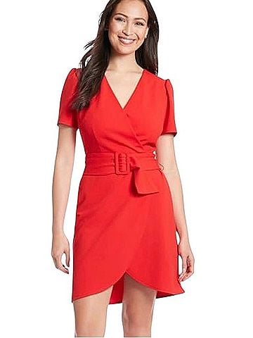 London Times Puff Sleeve Belted Wrap Dress Casual Dress (view 1)