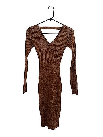 Lush Caramel Glitter Ribbed Faux Wrap Midi Dress Casual Dress (view 1)