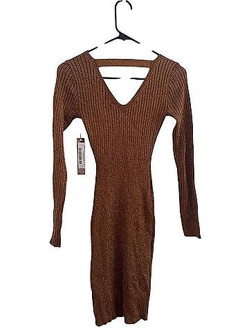 Lush Caramel Glitter Ribbed Faux Wrap Midi Dress Casual Dress (view 2)