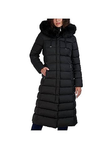 Tahari Women's Phoebe Oversized Faux Fur Trim Maxi Coat in Black (view 2)