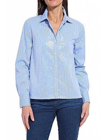 Lyssé Mila Sequin Stretch Shirt in Luminious Stripe (view 2)