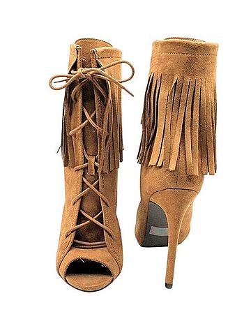 Wild Diva Faux Suede Fringe Lace-Up Open Toe Bootie Heels Boots (view 1)