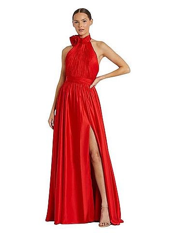 Mac Duggal Red Halter Satin High-Slit Evening Gown Cocktail Dress (view 1)
