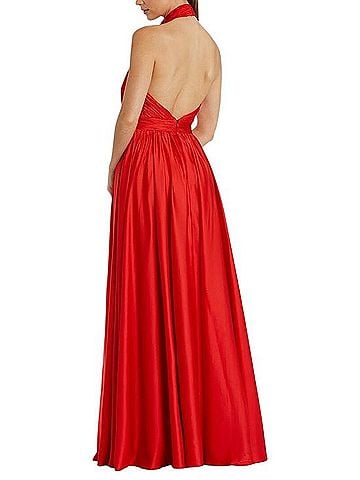 Mac Duggal Red Halter Satin High-Slit Evening Gown Cocktail Dress (view 2)