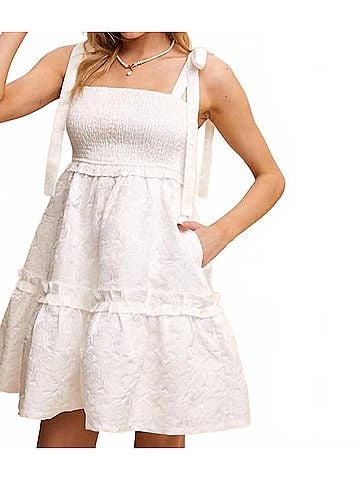 Listicle Smocked Tie-Strap Mini Dress in Ecru (view 2)