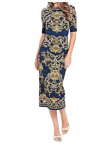 Flying Tomato Nobel Golden Flourish Woven Midi Dress in Navy (view 2)