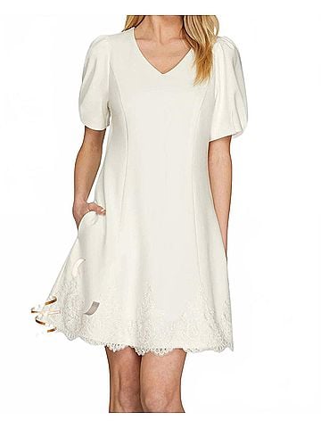 She + Sky Short Sleeve Heavy Knit V-Neck Mini Dress in White (view 2)