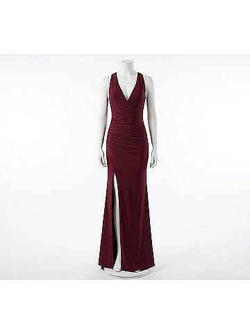 La Femme Satin Jersey Trumpet Gown in Dark Berry (view 1)