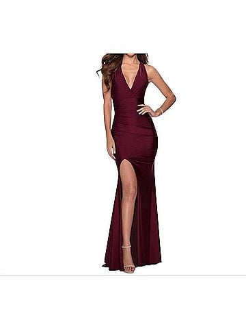 La Femme Satin Jersey Trumpet Gown in Dark Berry (view 2)