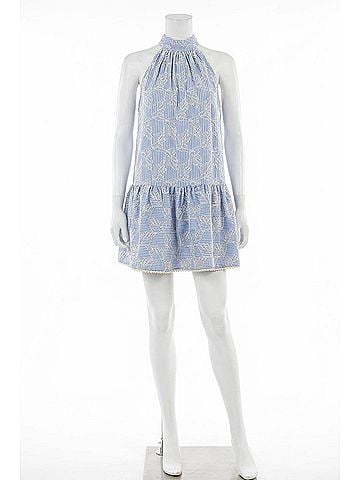 English Factory Embroidered Sleeveless Ruffle Hem Halter Dress in Blue Stripe (view 1)