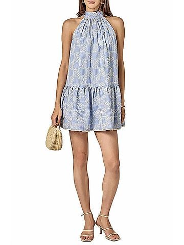 English Factory Embroidered Sleeveless Ruffle Hem Halter Dress in Blue Stripe (view 2)