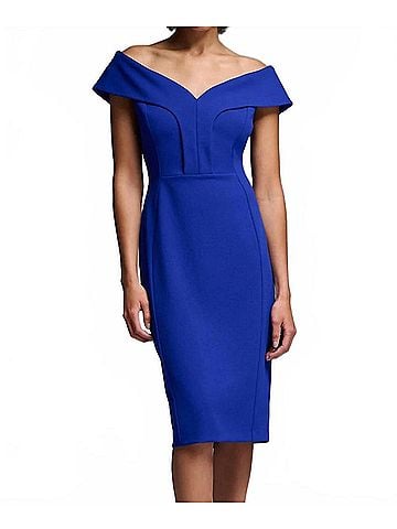 Joseph Ribkoff Off The Shoulder Scuba Crepe Sheath Dress in Royal Sapphire (view 2)
