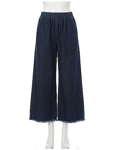 Umgee Washed Denim Fringe Hem Pants in Navy Blue (view 1)