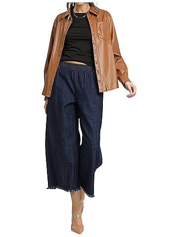 Umgee Washed Denim Fringe Hem Pants in Navy Blue (view 2)