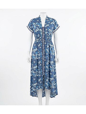 Umgee Henley Shift Midi Dress in Blue Multi (view 1)