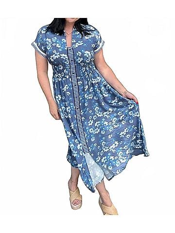 Umgee Henley Shift Midi Dress in Blue Multi (view 2)