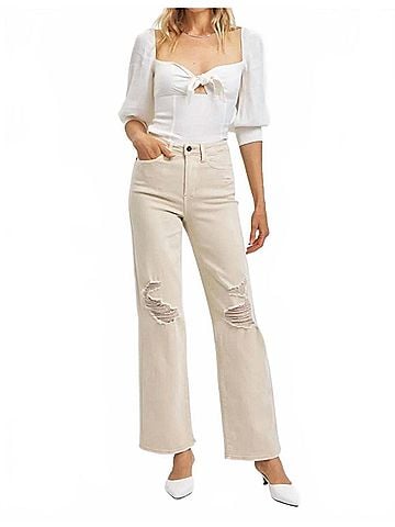 Judy Blue High Waist Garment Dyed Detroy 90's Straight Jeans in Bone (view 2)