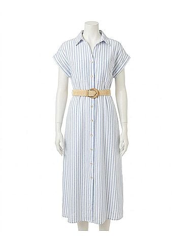 Blu Pepper Stripe Button Down Belted Midi Shirt Dress in Blue (view 1)