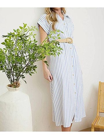 Blu Pepper Stripe Button Down Belted Midi Shirt Dress in Blue (view 2)
