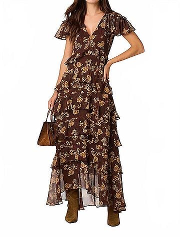 Astr Odalys Flutter Sleeve Maxi Dress in Brown Floral (view 2)