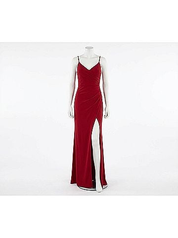 La Femme Slinky Ruched Evening Gown in Deep Red (view 1)